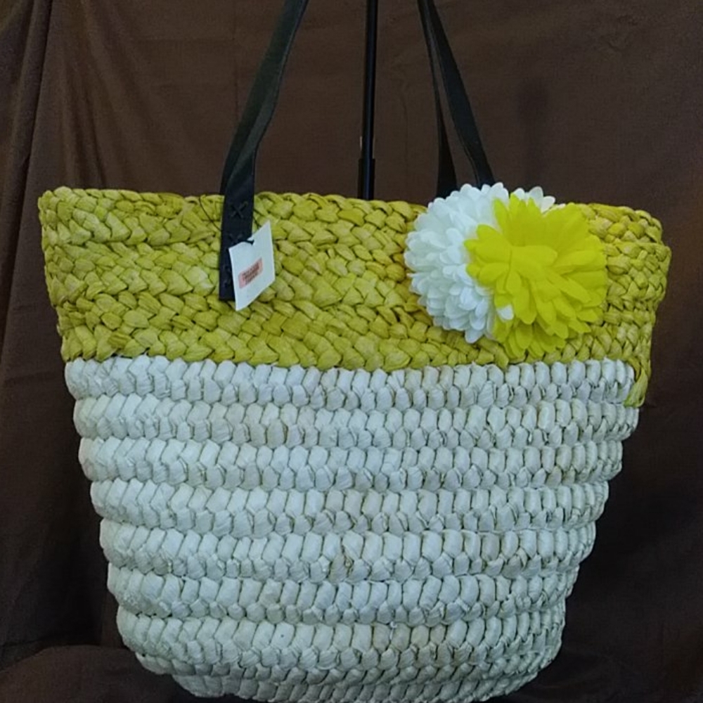 Yellow Straw Flower Summer Tote w/ Shoulder Straps